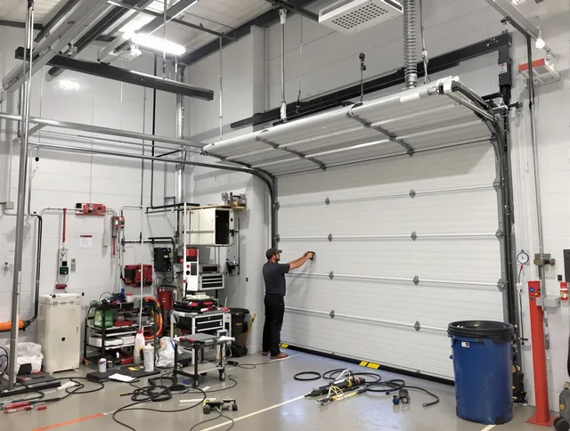 Wolcott Garage Door Repair certified technician performing commercial door repair at a Wolcott business facility
