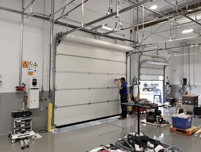 Commercial garage door repair being performed by Wolcott Garage Door Repair expert in Wolcott