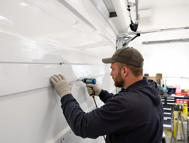 Wolcott Garage Door Repair technician demonstrating precision dent removal techniques on a Wolcott garage door