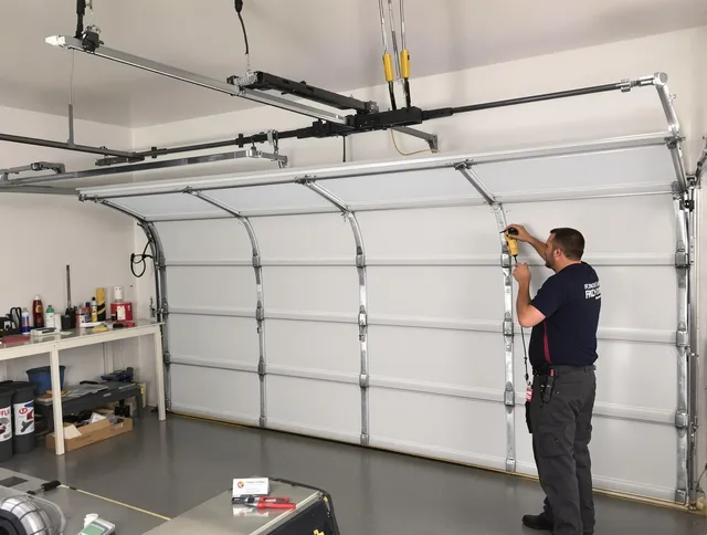 Wolcott Garage Door Repair certified technician performing overhead door system repair in Wolcott