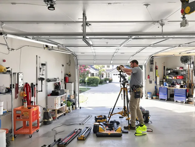 Wolcott Garage Door Repair specialist performing laser-guided track alignment in Wolcott